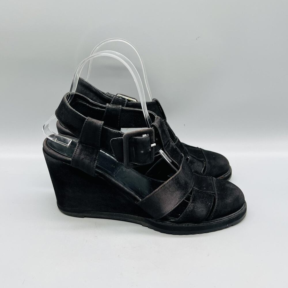 Robert Clergerie Sandals Womens 7.5 Black Suede Strappy Slingback Wedge Shoes